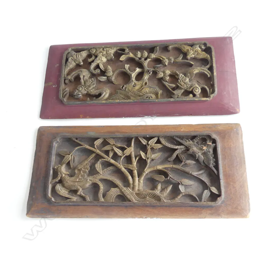 2 CARVED WOODEN CHINESE WEDDING PANELS 190x430mm Image 1++