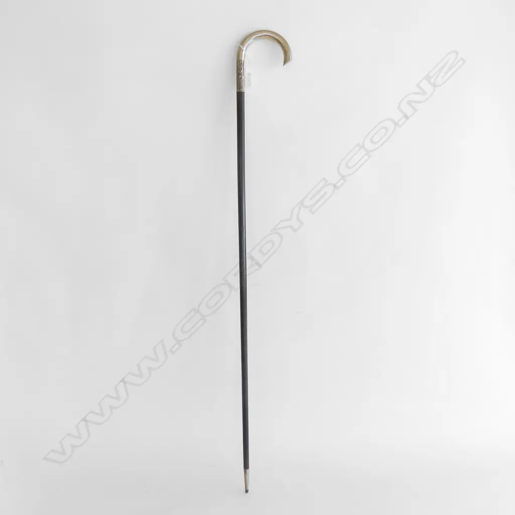 EBONISED WALKING STICK w. SILVER PLATE HANDLE L.910mm Image 1++