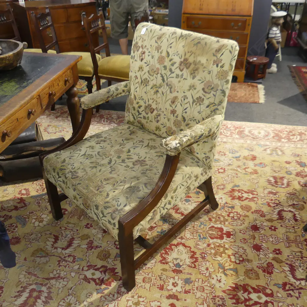 EARLY 20thC ENGLISH MAHOGANY GAINSBOROUGH CHAIR (fabric stained and torn) Image 1++