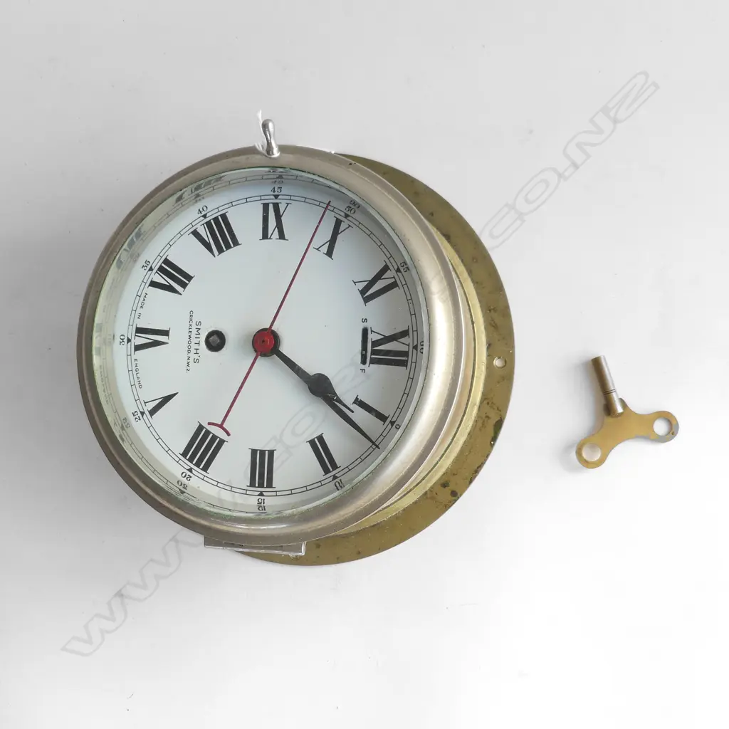 SMITH'S ENGLISH OLD SILVERED BRASS SHIP'S DECK CLOCK W KEY Dia.200mm. Enamel dial. Working Image 1++