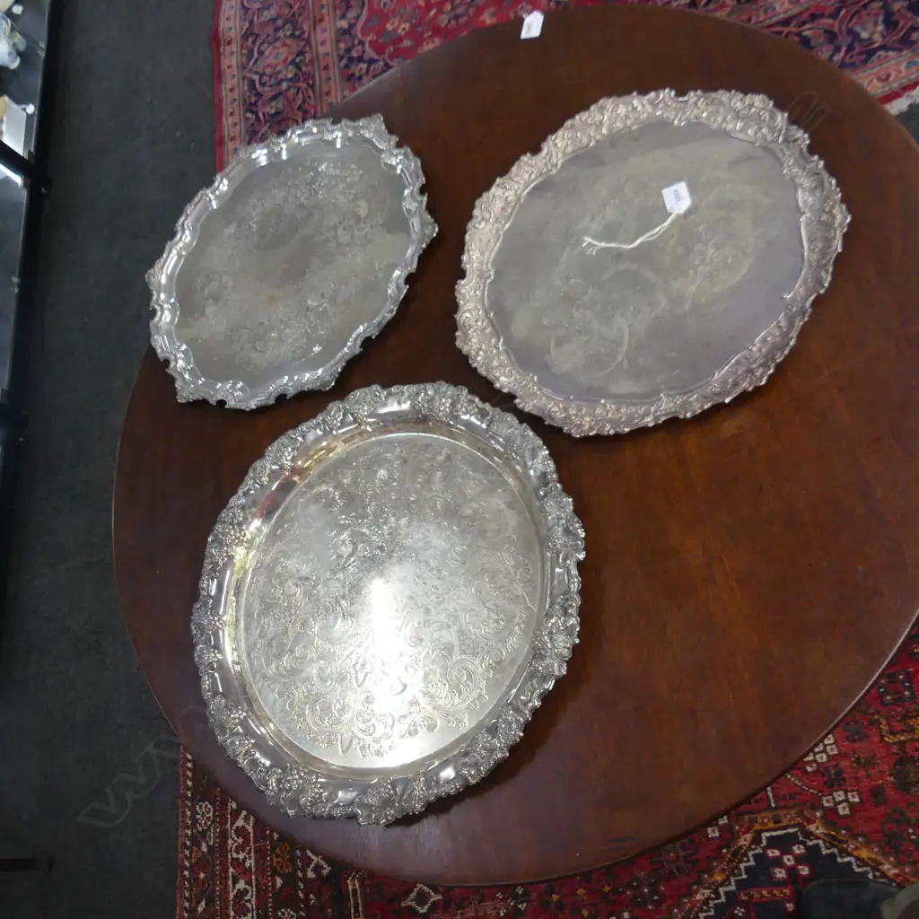 3 ORNATE SILVER PLATE TRAYS 450mm dia Image 1++