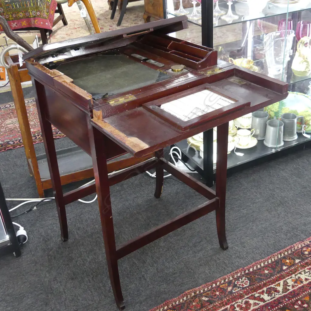 VINTAGE MAHOGANY WRITING DESK WITH INK WELL ETC.. A/F 430 X 530MM requires attention! Image 1++