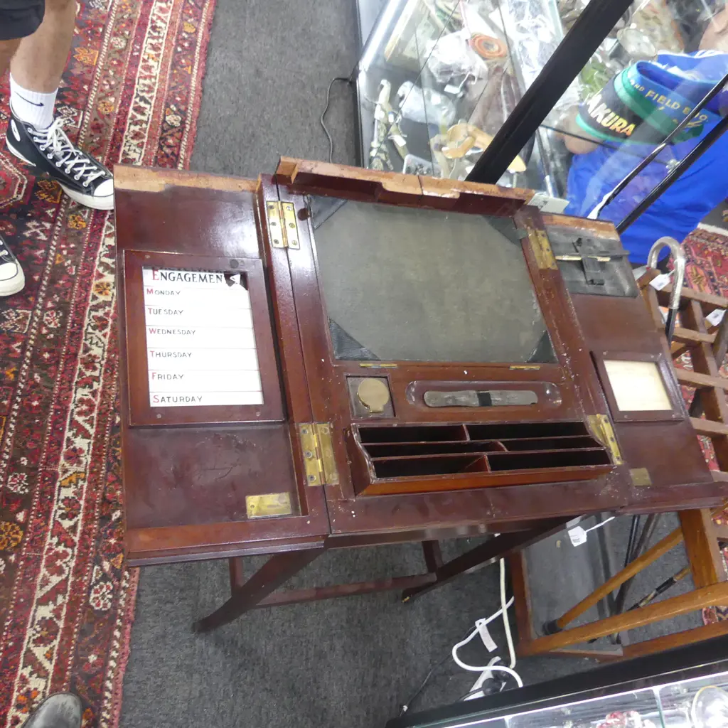 VINTAGE MAHOGANY WRITING DESK WITH INK WELL ETC.. A/F 430 X 530MM requires attention! Image 1++