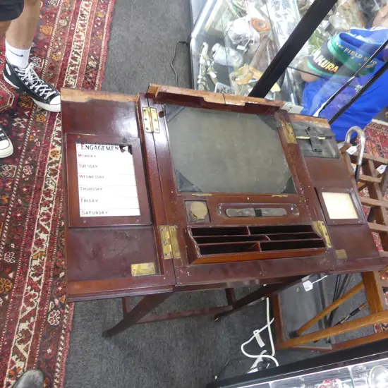 VINTAGE MAHOGANY WRITING DESK WITH INK WELL ETC.. A/F 430 X 530MM requires attention!