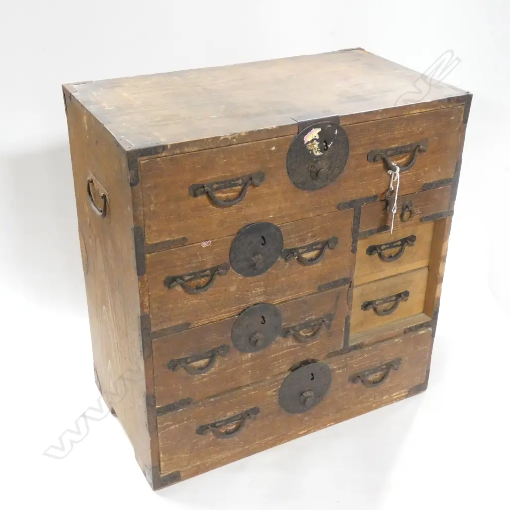 JAPANESE DARK STAINED WOODEN  7 DRAWER TANSU CHEST - 7 DRAWERS - WITH KEY 565 X 320 X 600MM... Image 1++