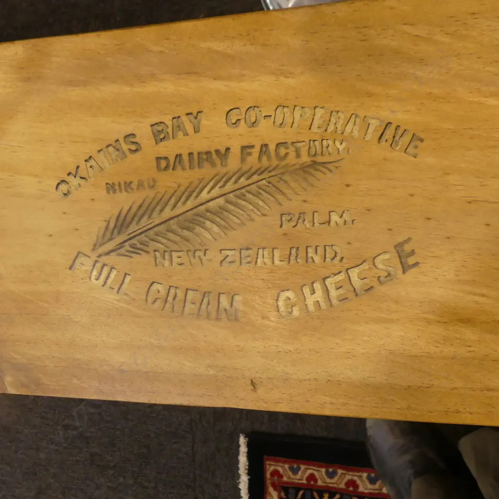 WOODEN STOOL w. 'OKAINS BAY CO-OP FULL CREAM CHEESE' STENCIL L.1450mm Image 1++