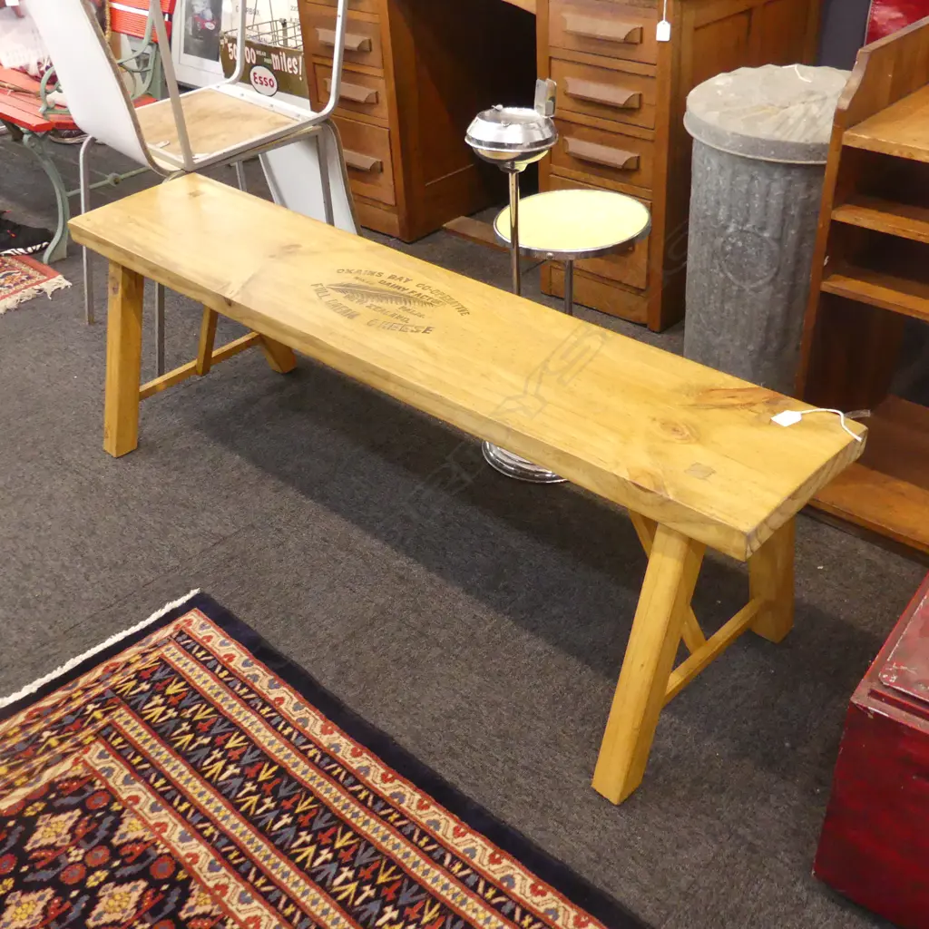WOODEN STOOL w. 'OKAINS BAY CO-OP FULL CREAM CHEESE' STENCIL L.1450mm Image 1++