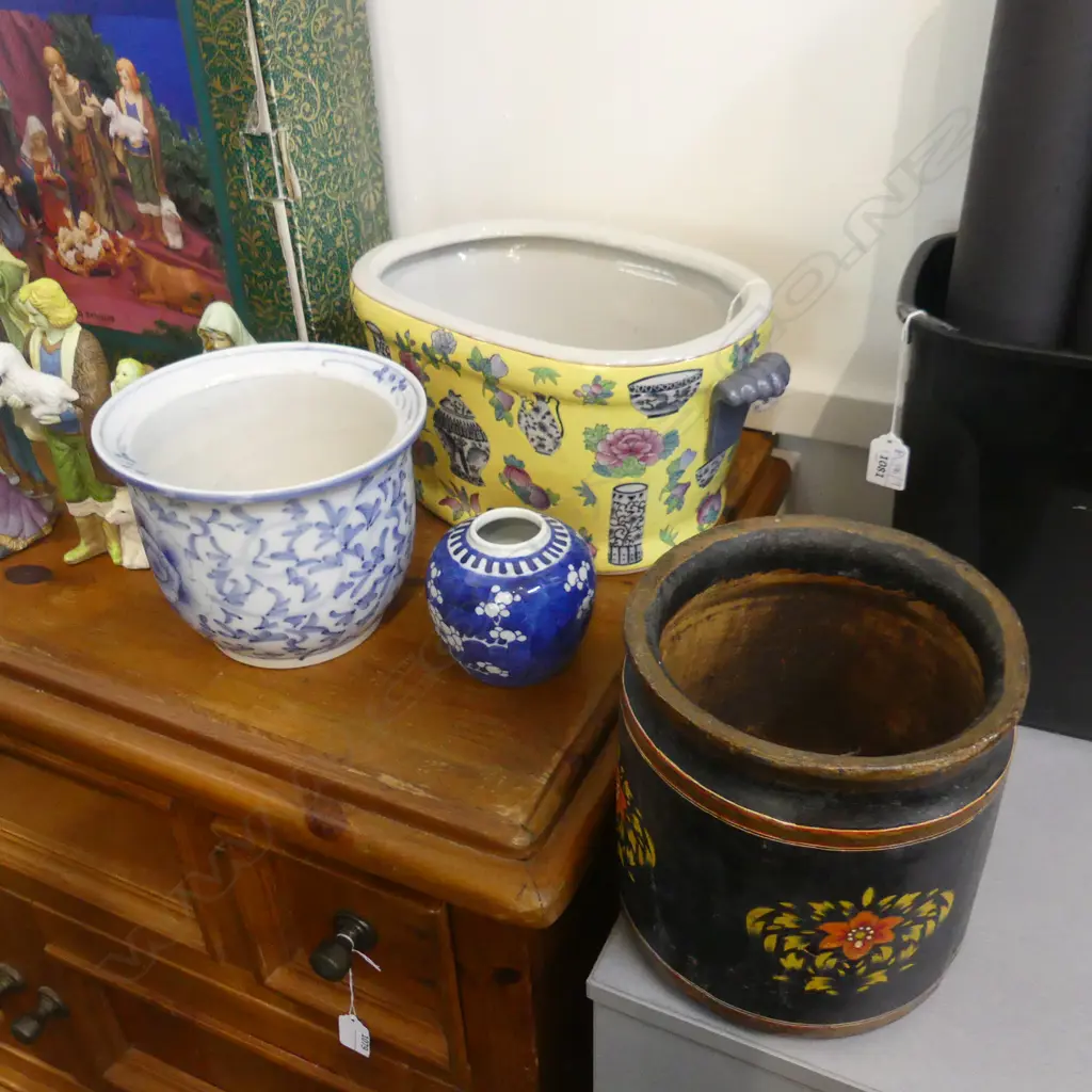 4 ORIENTAL PCES; PAINTED WOODEN CONTAINER H.200m + 3 PCES CERAMICS, YELLOW PLANTER FAULTED W.380mm Image 1++