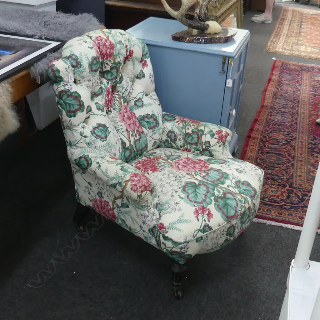 ANTIQUE ENGLISH BEDROOM CHAIR IN FLORAL UPHOLSTERY; EBONISED LEGS c.1870 Image 1++
