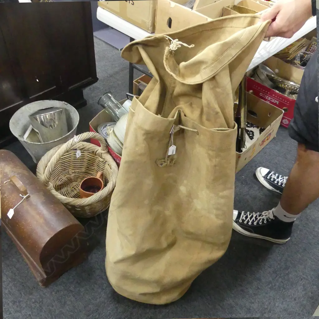 2 CANVAS DUFFLE BAGS; GREEN & TAN Image 1++