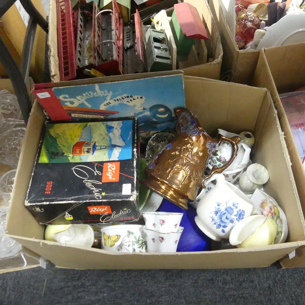 BOX LOT ASST. CHINA; PORTMEIRION (chipped) etc+ TALKING TRAIN RECORD + RIGI ELECTRIC GONDOLA TOY Image 1++