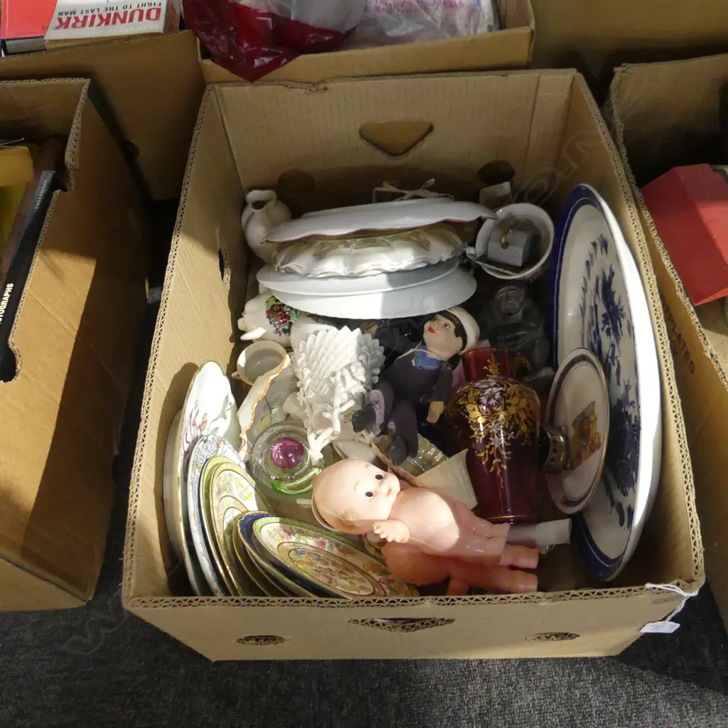 BOX LOT ASST. CHINA, PLATES, GLASS, DOLLS Image 1++