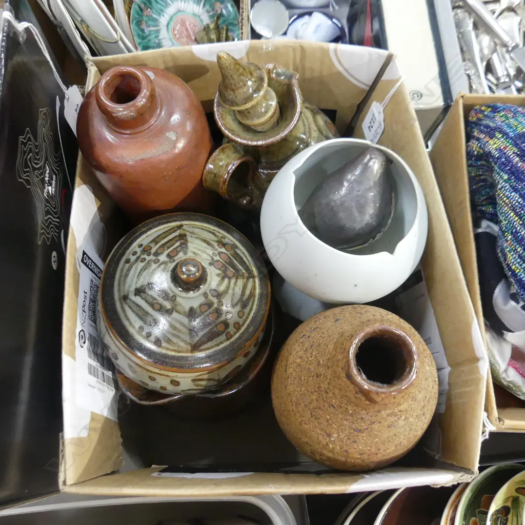 BOX LOT ASST. STUDIO POTTERY incls. (Bernard) Leach standard ware lidded preserve pot Image 1++