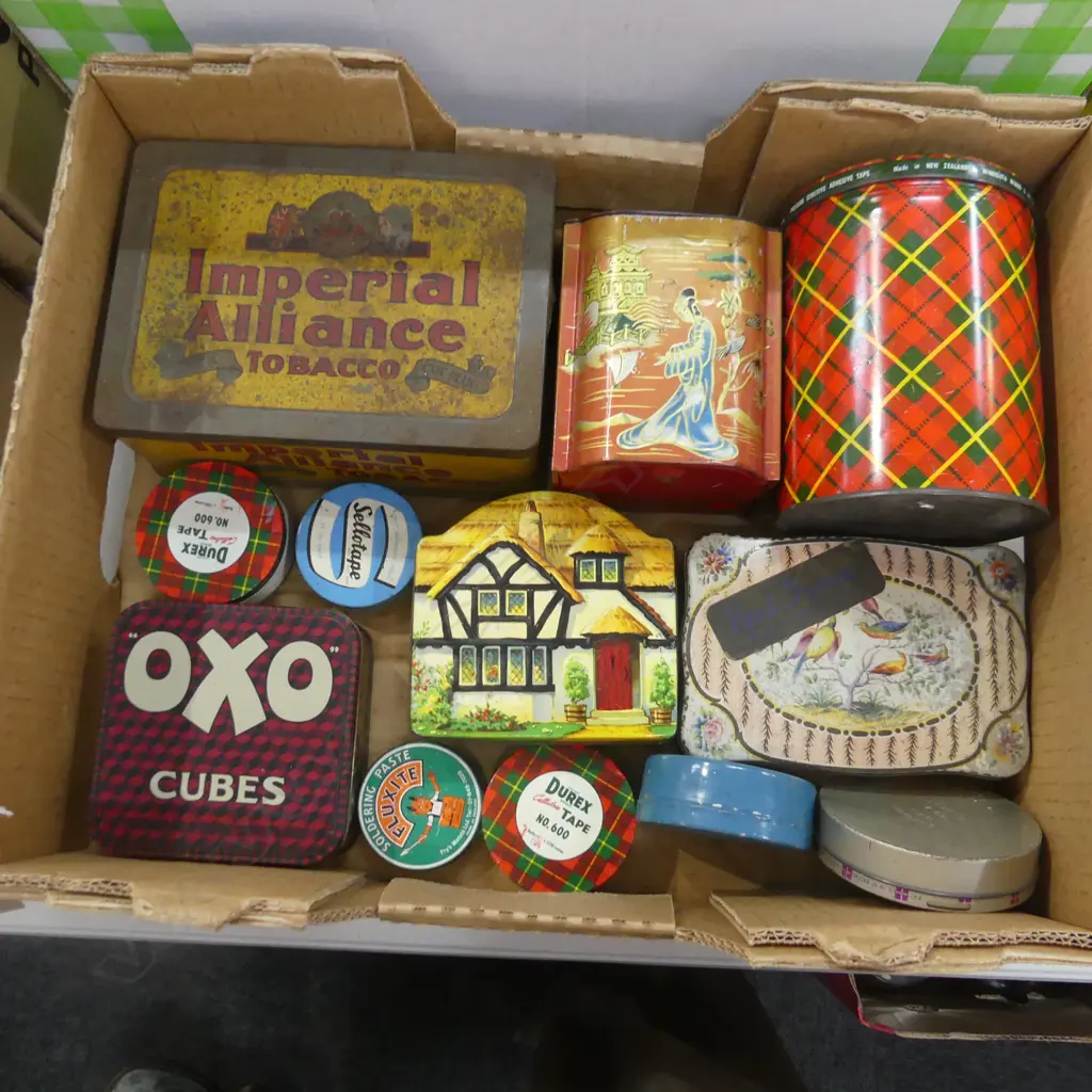BOX 12 VINTAGE TINS INCL. IMPERIAL TOBACCO WELLINGTON, TUCKERS ETC.. Image 1++