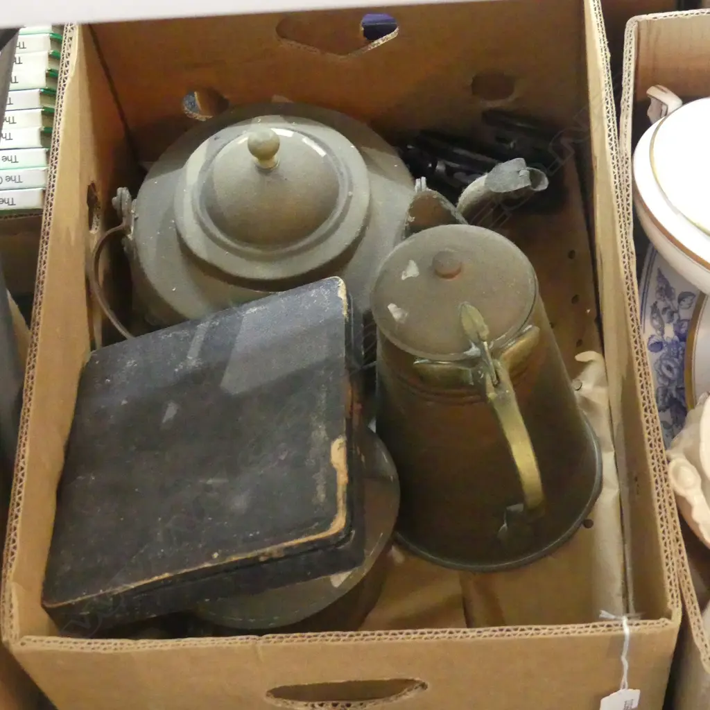 BOX ASST INC. CHROME PLATE FISH SET, COPPER KETTLES ETC.. Image 1++