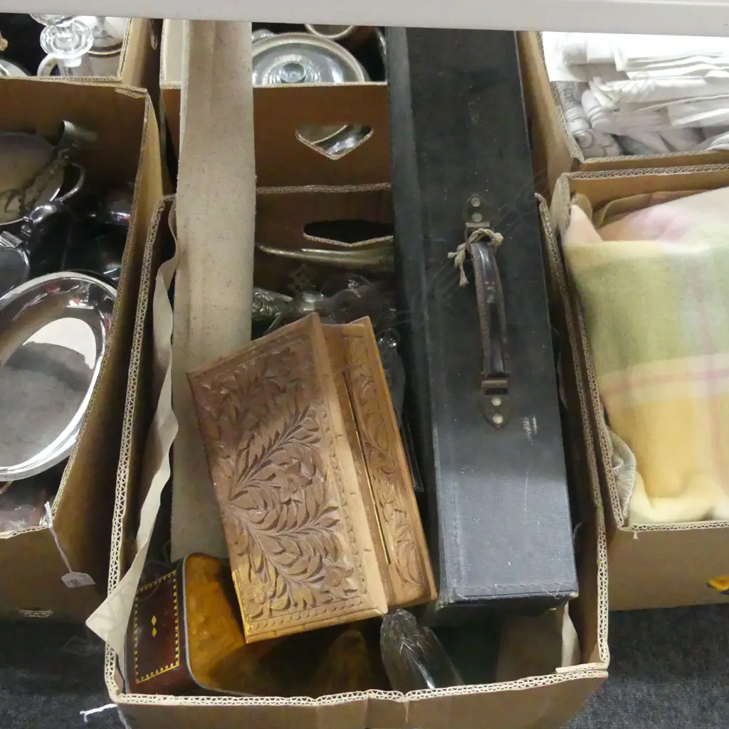 BOX LOT ASST. CASED VIOLIN, TIN, THAI DANCER OIL ON CANVAS (rolled), 6 CHAMPAGNE FLUTES Image 1++