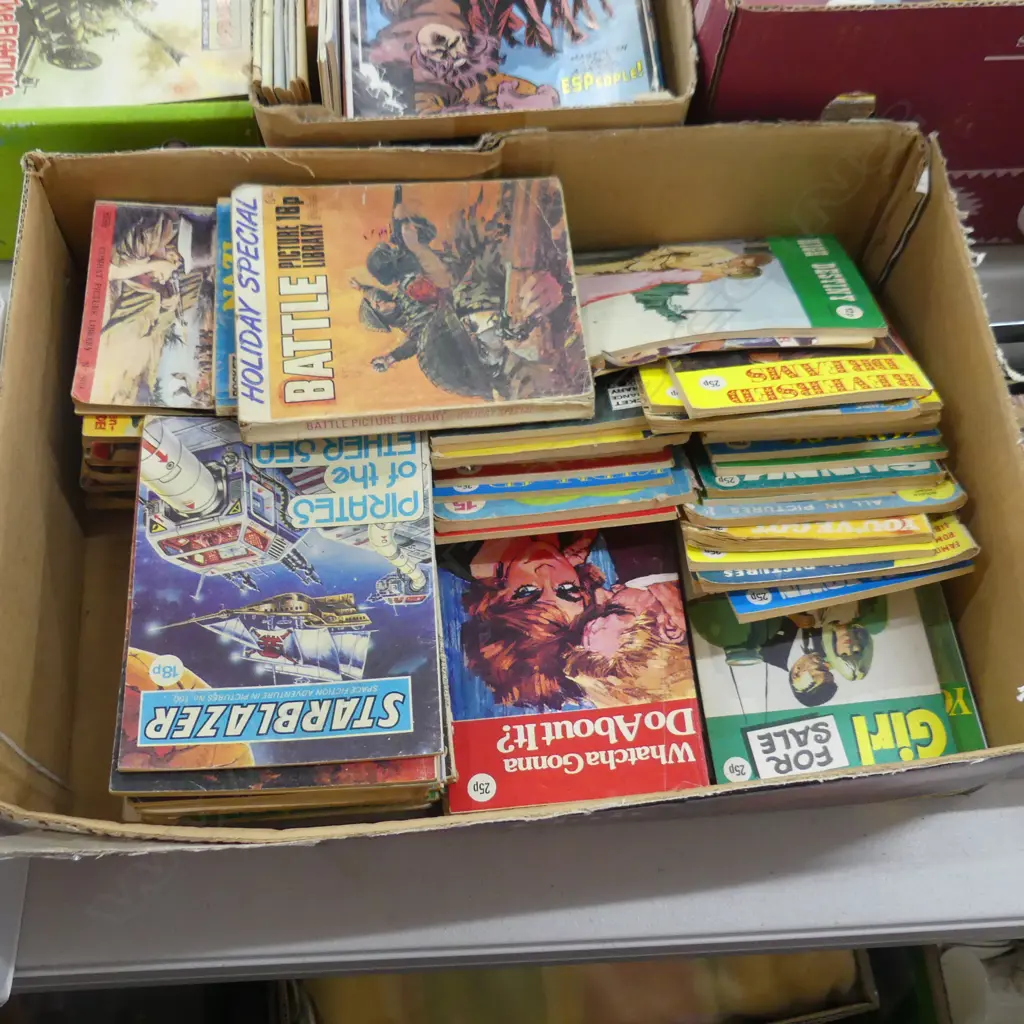 BOX ASST VINTAGE COMIC PICTURE BOOK EG. COWBOY ADVENTURES, WAR, DETECTIVE, TRUE LIFE, ROMANCE & STAR BLAZER. APPROX 100  Image 1++