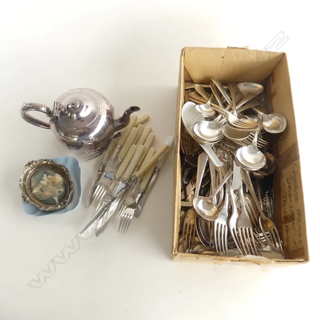 BOX LOT ASST. SILVER PLATE CUTLERY, TEAPOT ETC Image 1++