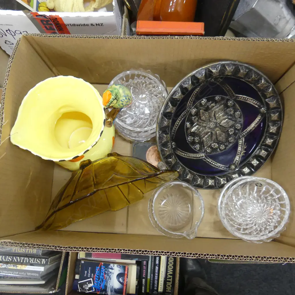 BOX ASST INCL. DEPRESSION GLASS, WADEHEATH PARROT HANDLE JUG, CRYSTAL ETC.. Image 1++
