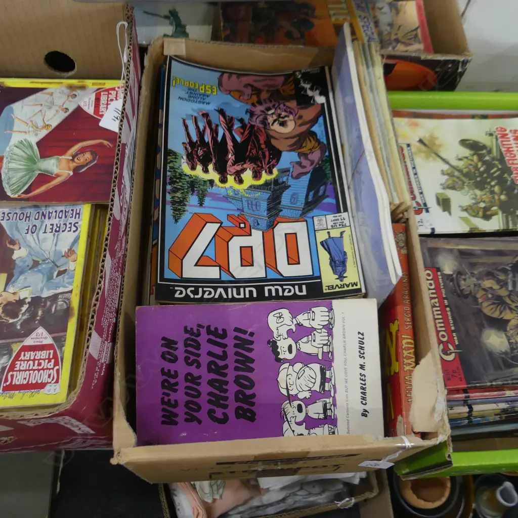 BOX ASST VINTAGE COMICS / BOOKS; ARCHIE, KING CLASSICS, PEANUTS, MAD, BOGOR, COMMANDO, ASTERIX ETC... Image 1++
