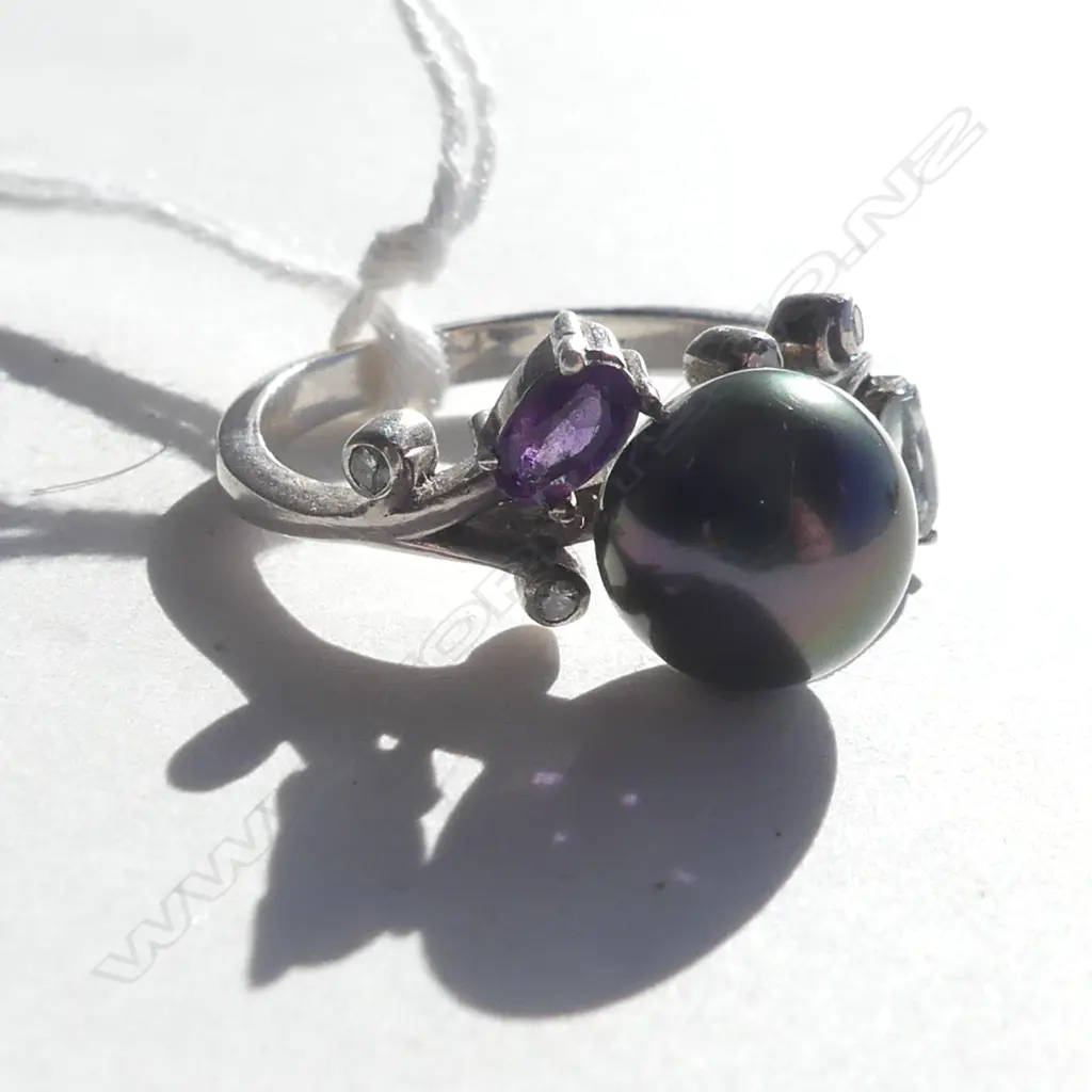 925 SILVER  BLACK PEARL AMETHYST / AQUA & DIAMOND RING Image 1++
