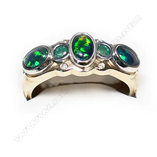 9CT GOLD OPAL/EMERALD & DIAMOND RING