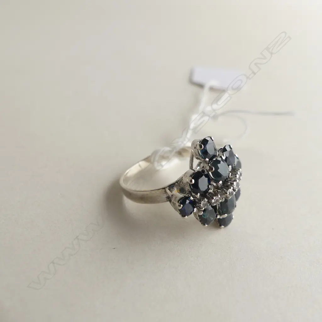 925 SILVER RING WITH LARGE DARK BLUE SAPPHIRES/WHITE STONES 4.6GMS Image 1++