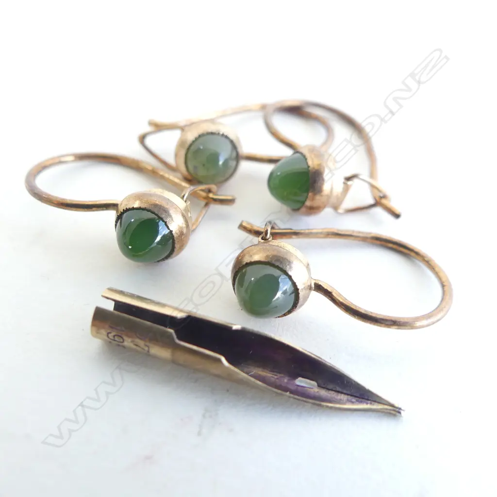 2 PRS SILVER GILT JADE EARRINGS + 14CT PEN NIB Image 1++