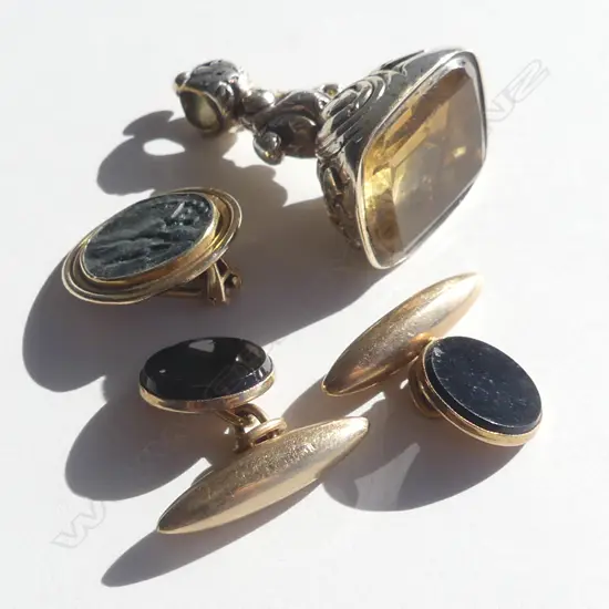 VICT SEAL/ PR 9CT CUFFLINKS & 1 GOLD EARING