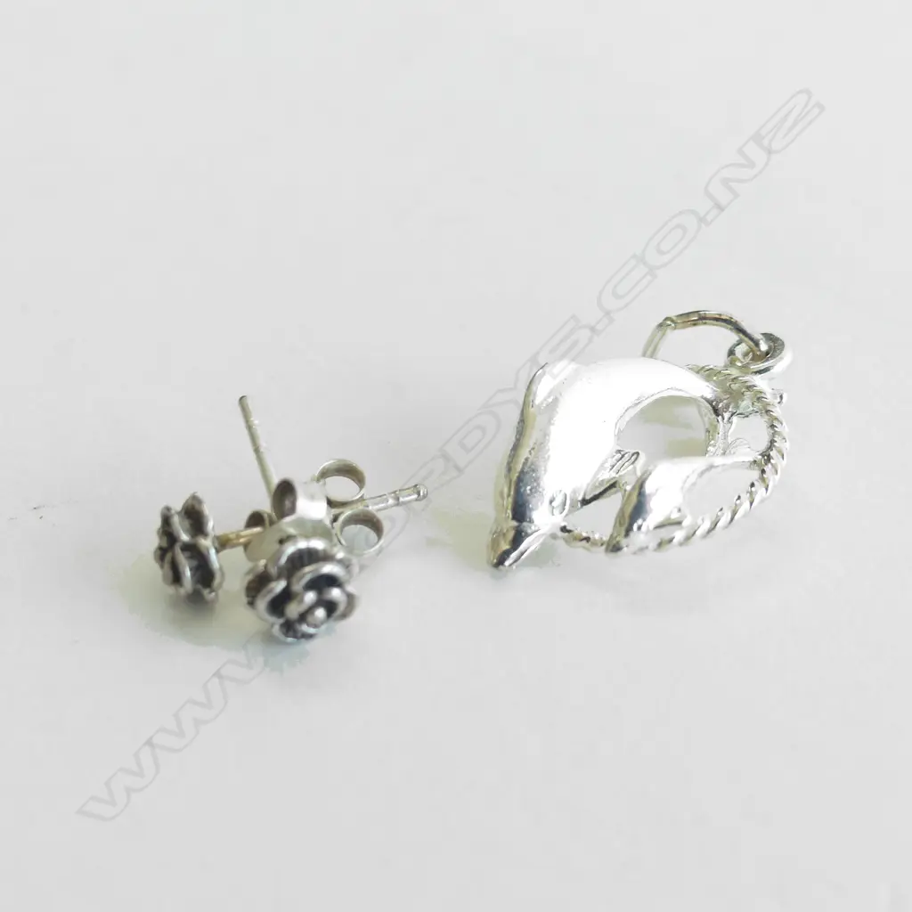 DOLPHIN CHARM AND ROSE STUD EARRINGS (STG) 2.9 grams Image 1++