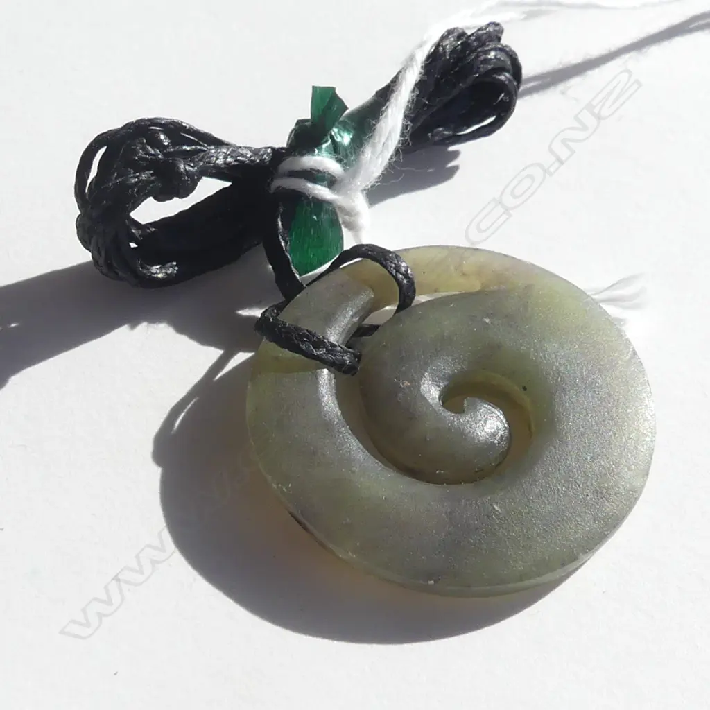 POUNAMU (GREENSTONE) SM KORU PENDANT (DIA 30MM)  ON BLACK WAXED ADJUSTABLE CORD Image 1++