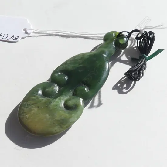 POUNAMU (GREENSTONE) LG MANAIA PENDANT (L90MM) ON BLACK WAXED ADJUSTABLE CORD