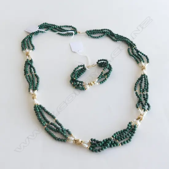MALACITE & PEARL MULTI STRAND BEAD NECKLACE & BRACELET 14K GOLD CLASP
