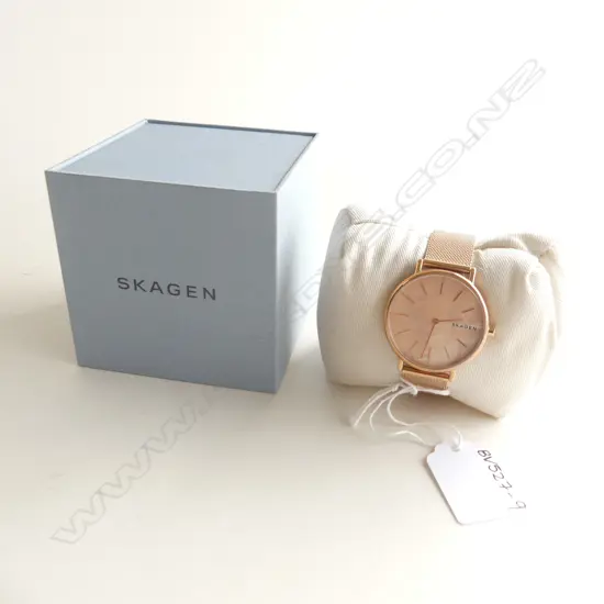 SKAGEN ROSE GOLD TONE WRIST WATCH, IN ORIGINAL BOX 