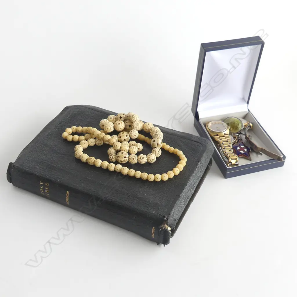 BOX BIBLE/BONE NECKLACE/2 LADIES WATCHES  BULOVER ETC/ S.S CUFFLINKS ETC Image 1++