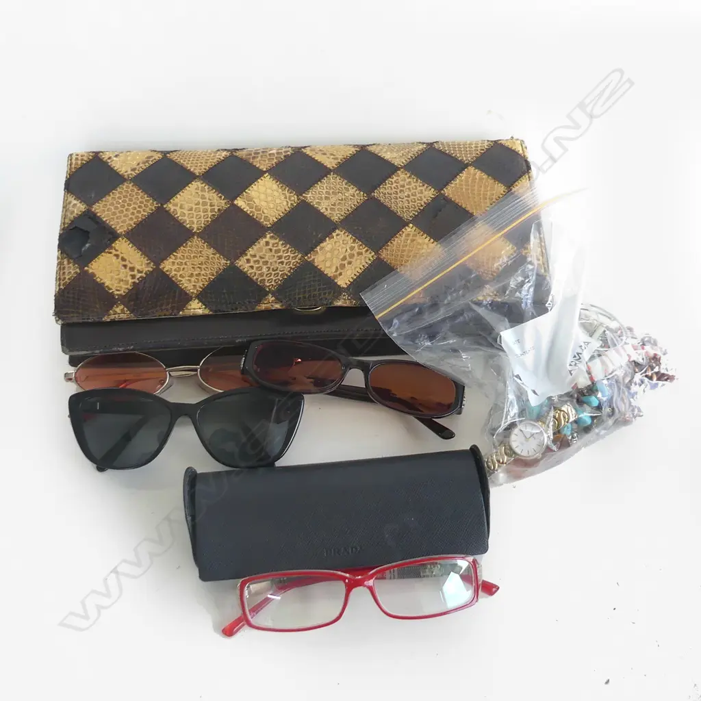 VINTAGE ANIMAL SKIN PURSE + 4 PRS GLASSES + ASST. COSTUME JEWELLERY INCL. PR STG EARRINGS & CROSS PENDANT Image 1++