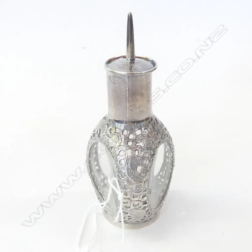 VINTAGE SCENT BOTTLE, GLASS WITH ORNATE STG SILVER OVERLAY H. 120MM (21151) Image 1++