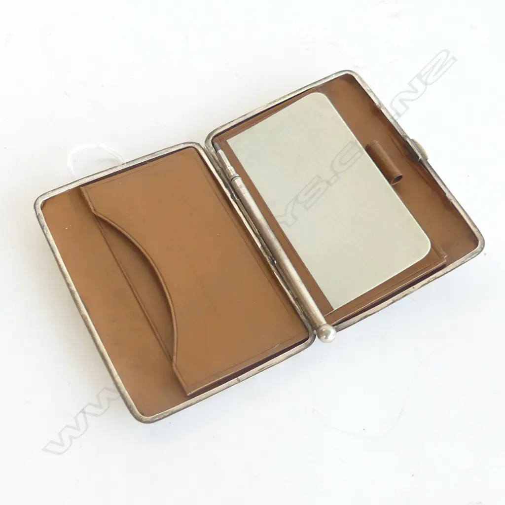VICT. SILVER FANCY FITTED CARD CASE LEATHER INTERIOR w ivory note page & pencil Image 1++