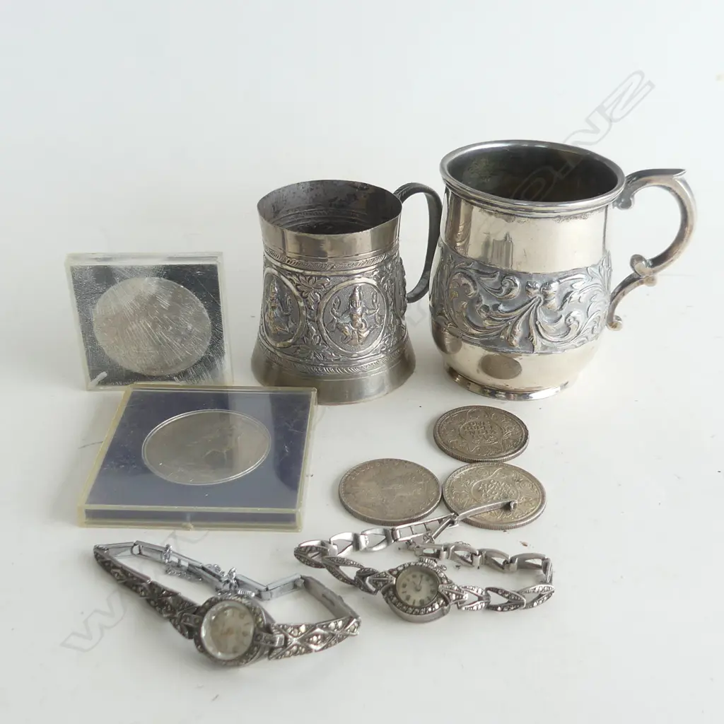 2 SILVER PLATE CUPS, 2 MARCASITE WATCHES, ASST. COINS (21003) Image 1++