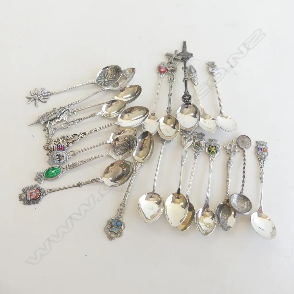 21 ASST. SOUVENIR TEA SPOONS - SOME STG / 800 SILVER Image 1++