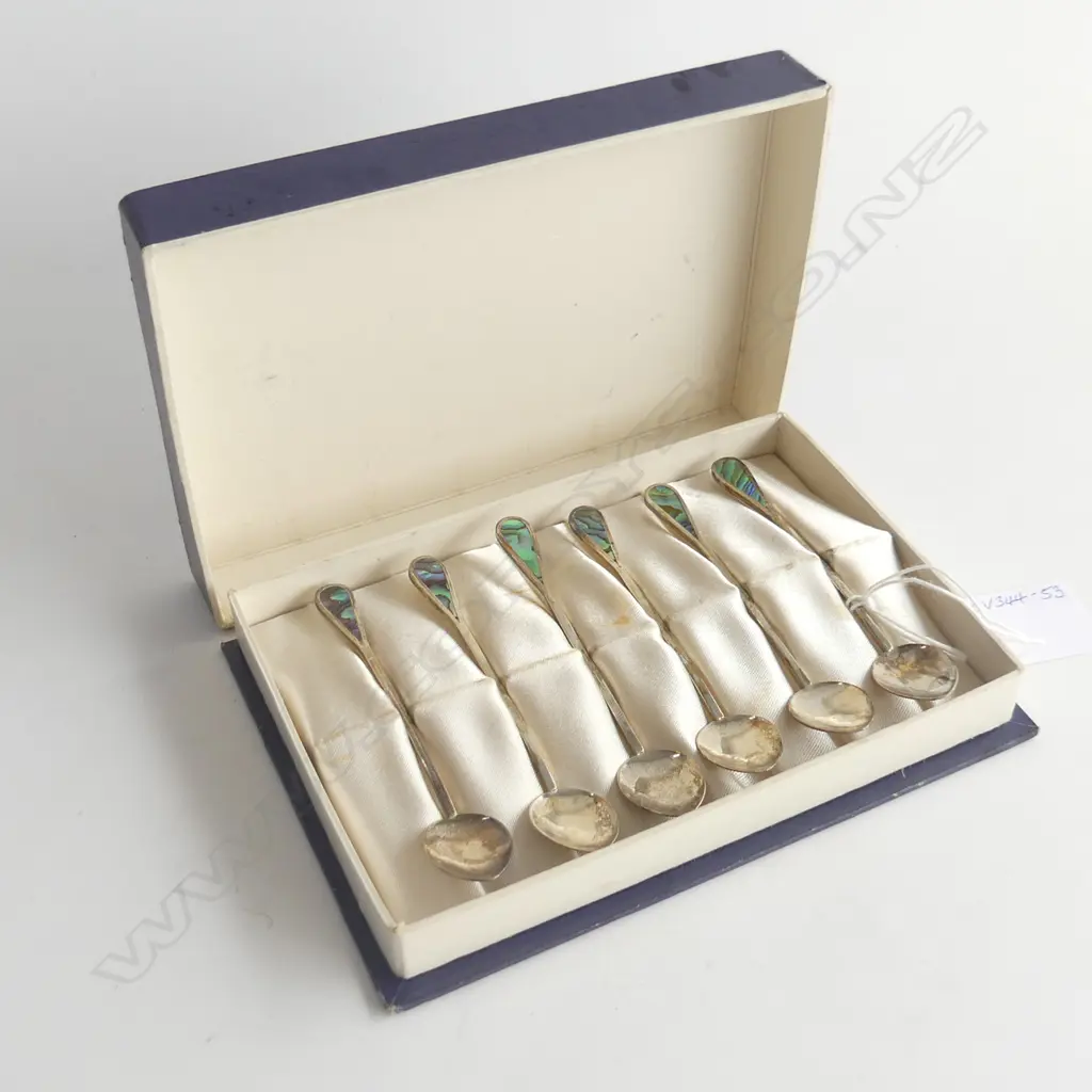 BOXED SET DISABLED SERVICEMEN'S RE-EST. LEAGUE SILVER & PAUA SPOON SET Image 1++