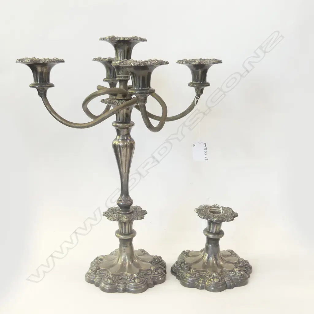 HEAVY SILVER PLATE 5 ARM CANDELABRA (H 390MM) + 1 CANDLE HOLDER  (H120MM) Image 1++