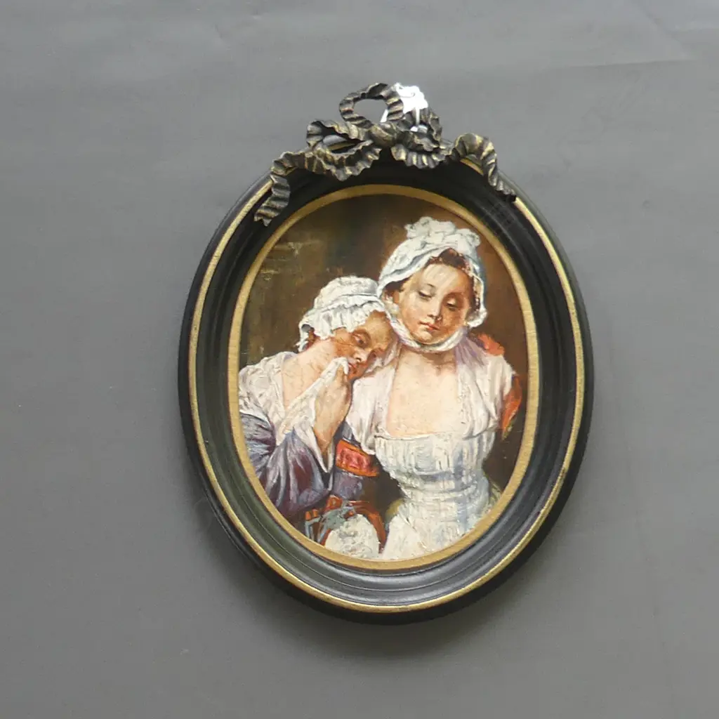 OVAL FRAMED OIL ON BOARD PORTRAIT OF 2 LADIES WITH BONNETS  230 X 185MM Image 1++