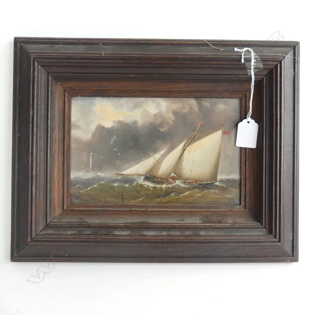 ANTIQUE OIL PAINTING SAIL BOAT IN STORMY SEA130 X 210mm Image 1++