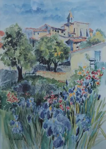 VALENTIN, F, European Village with Trees and Flowers, W/C, signed, 520mm x 370mm Image 1++