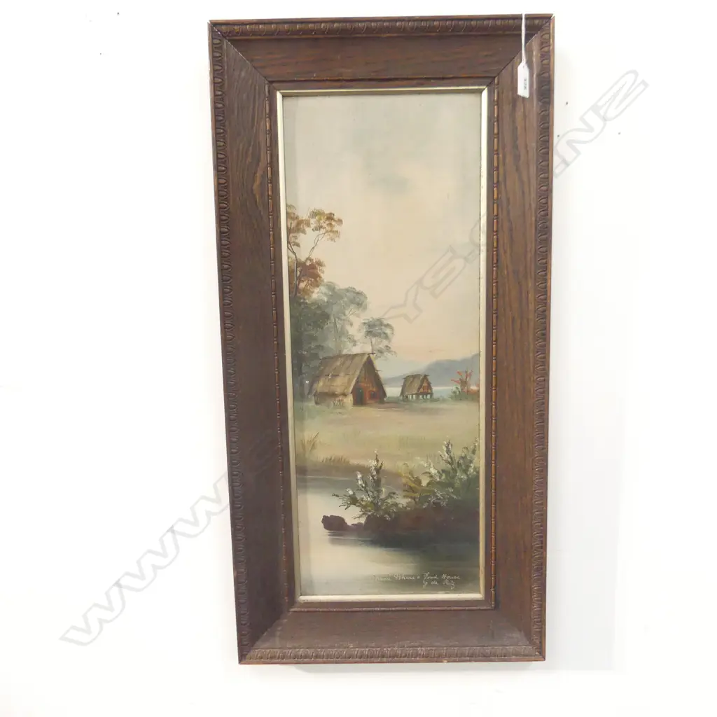 DE RITZ '  MAORI WHARE  & FOOD HOUSE, OIL ON BOARD, SIGNED 600 X 220MM Image 1++
