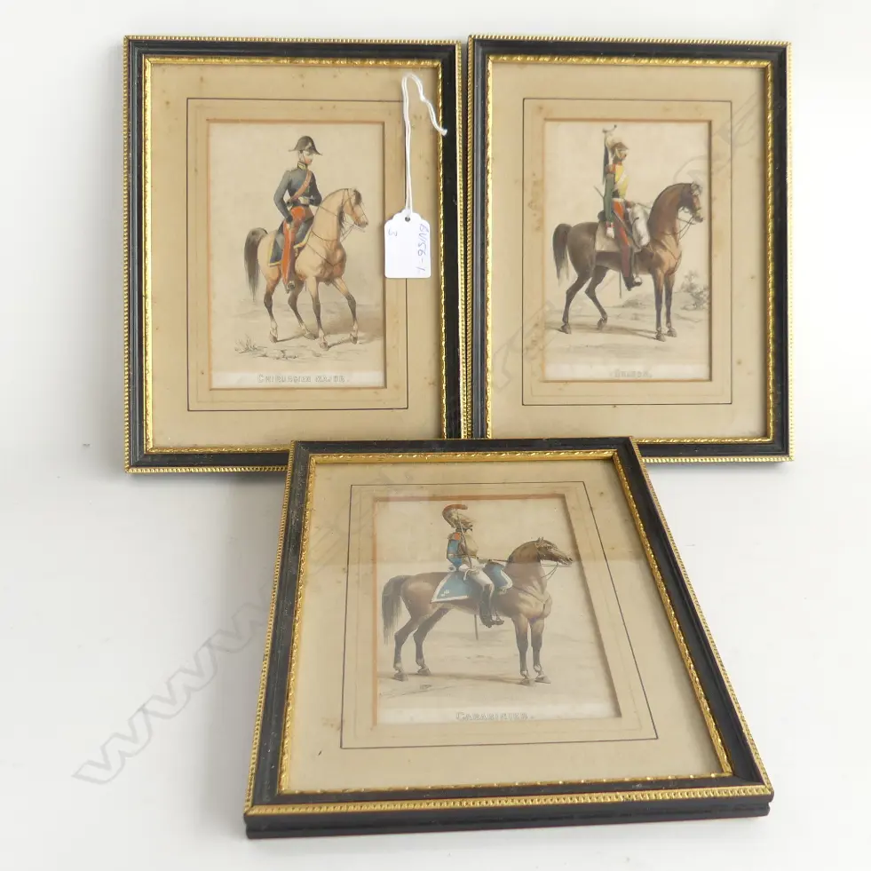 SET 3 ANTIQUE H/COLOURED MILITARY ENGRAVINGS on horse back. Framed  Image 1++