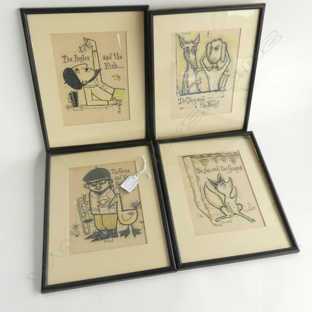 SET 4 HANSARD INK CHARACTURES 'THE ANGLER..' + 'THE DOG & THE WOLF' + 'THE GOOSE... Image 1++
