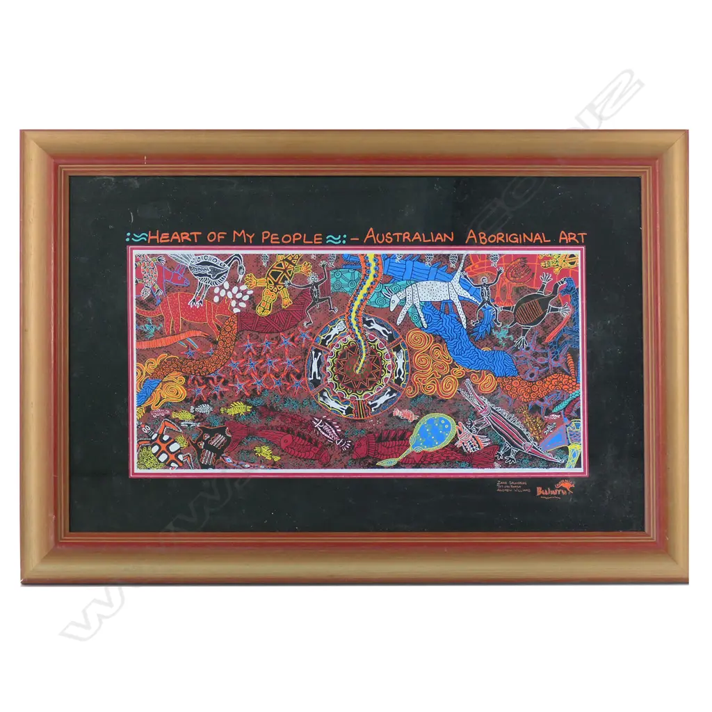 ABORIGINAL ART PRINT ON FABRIC, FRAMED 'HEART OF MY PEOPLE' 310x495mm Image 1++