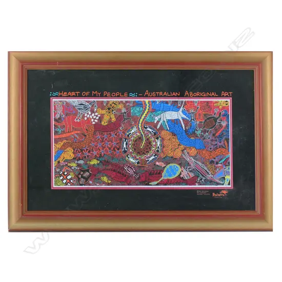 ABORIGINAL ART PRINT ON FABRIC, FRAMED 'HEART OF MY PEOPLE' 310x495mm